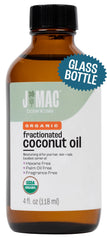 J Mac Botanicals organic fractionated coconut oil in a 4oz glass bottle for moisturization.