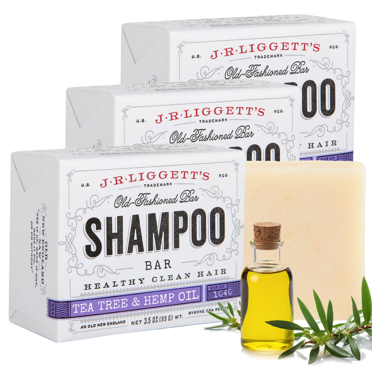 J.R.LIGGETT'S Tea Tree Shampoo Bar close-up highlights natural oils for gentle cleansing.