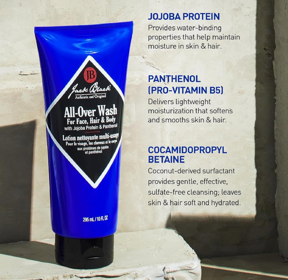 Jack Black All-Over Wash used for full-body cleanse with moisturizing feel