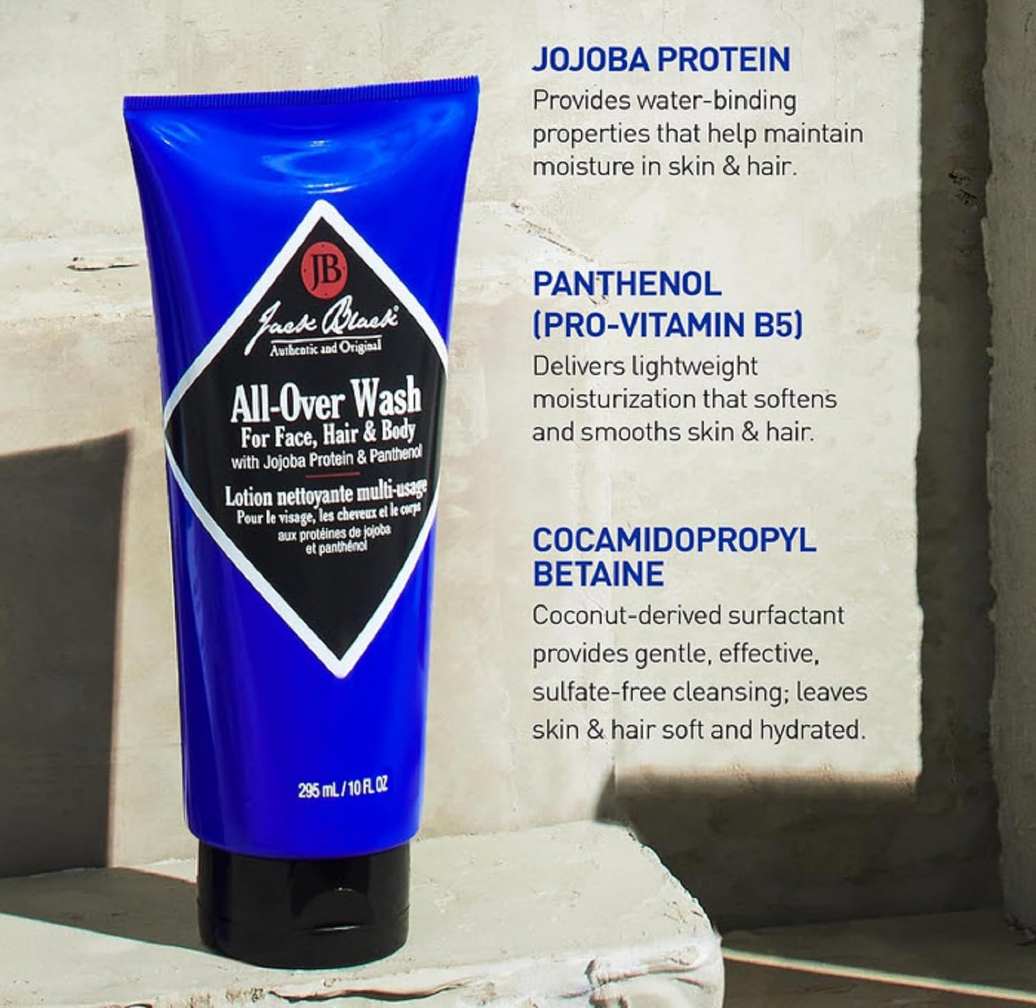 Jack Black All-Over Wash shampoo action demonstrates cleansing without harsh sulfates.