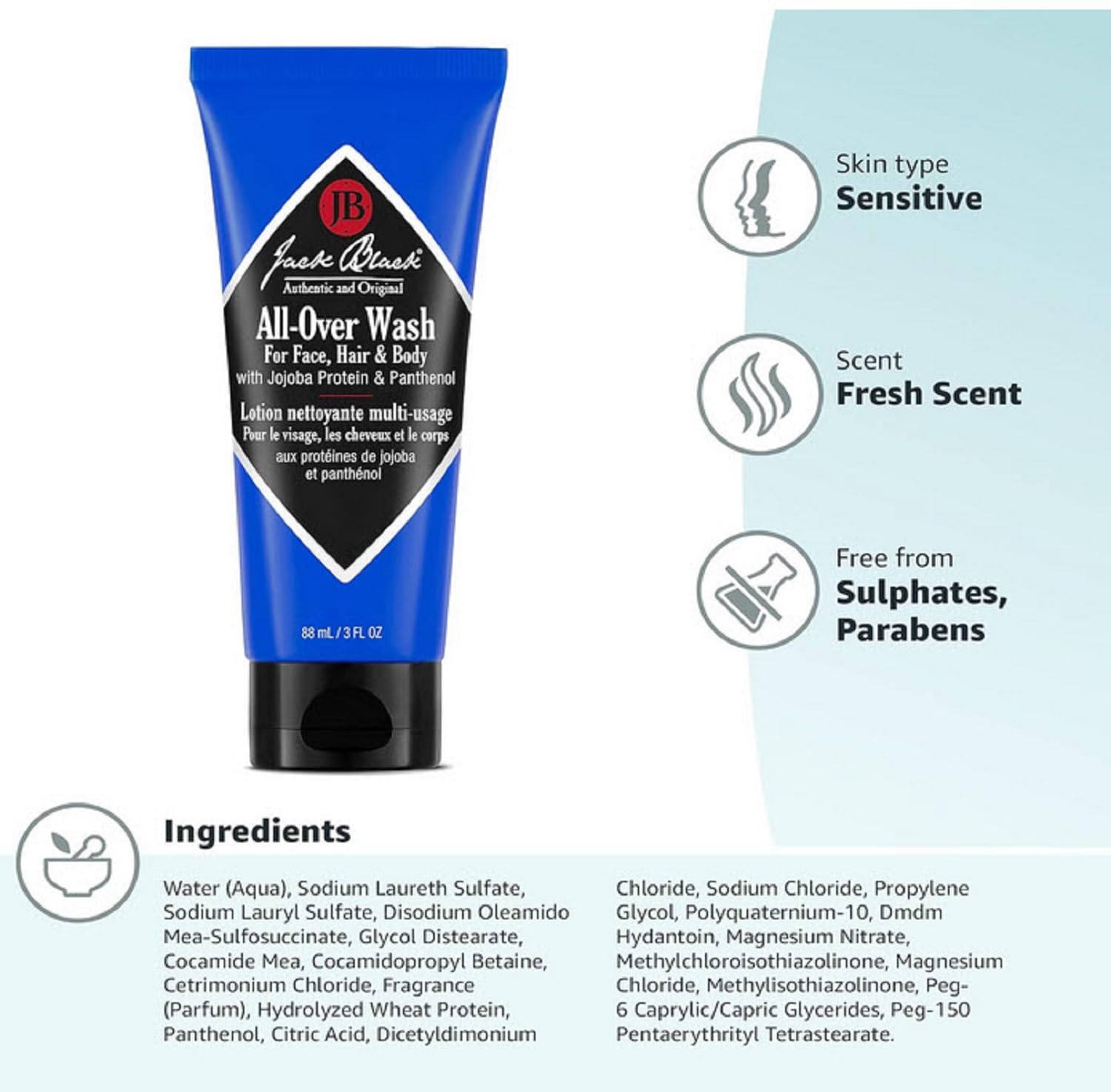 Jack Black All-Over Wash USA-made dermatologist-tested safety and reliability badge