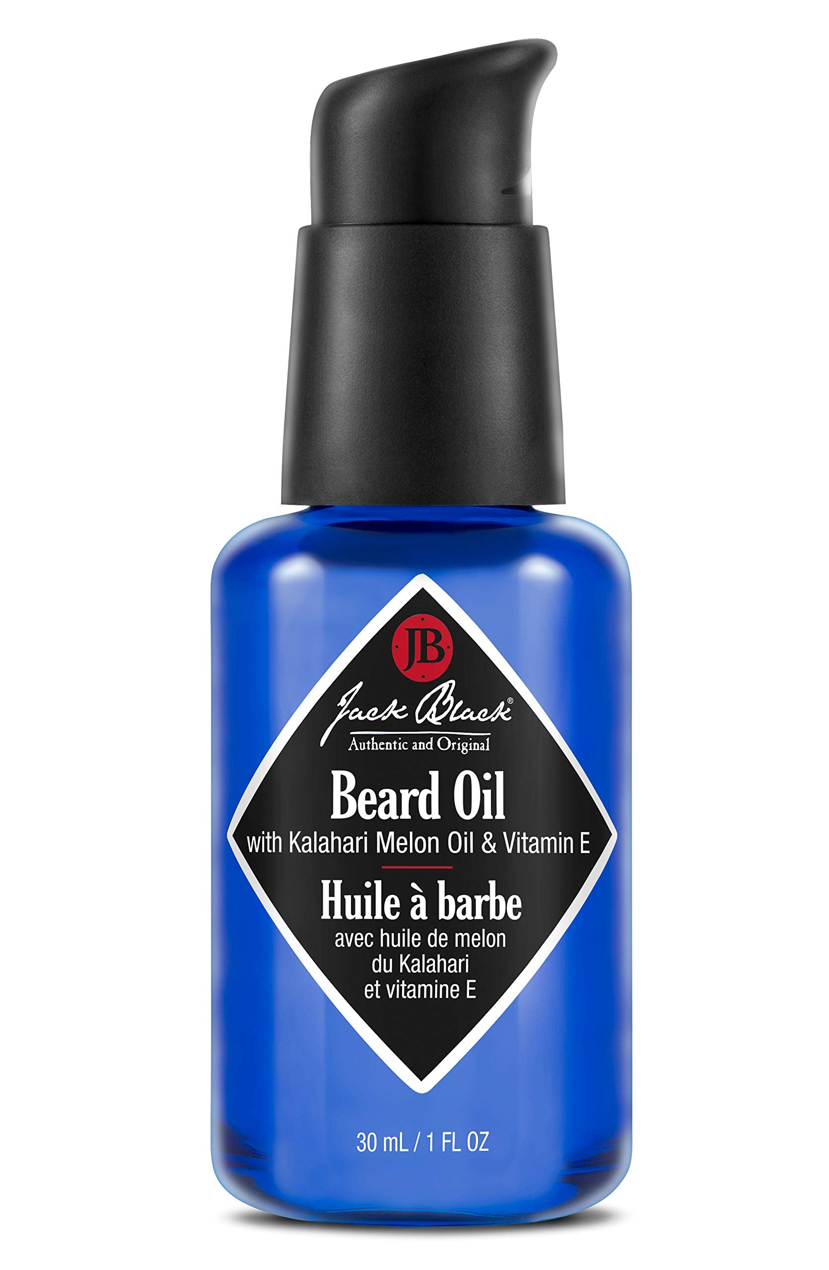 Jack Black Beard Oil bottle displays premium organic formula for hydrated facial hair.
