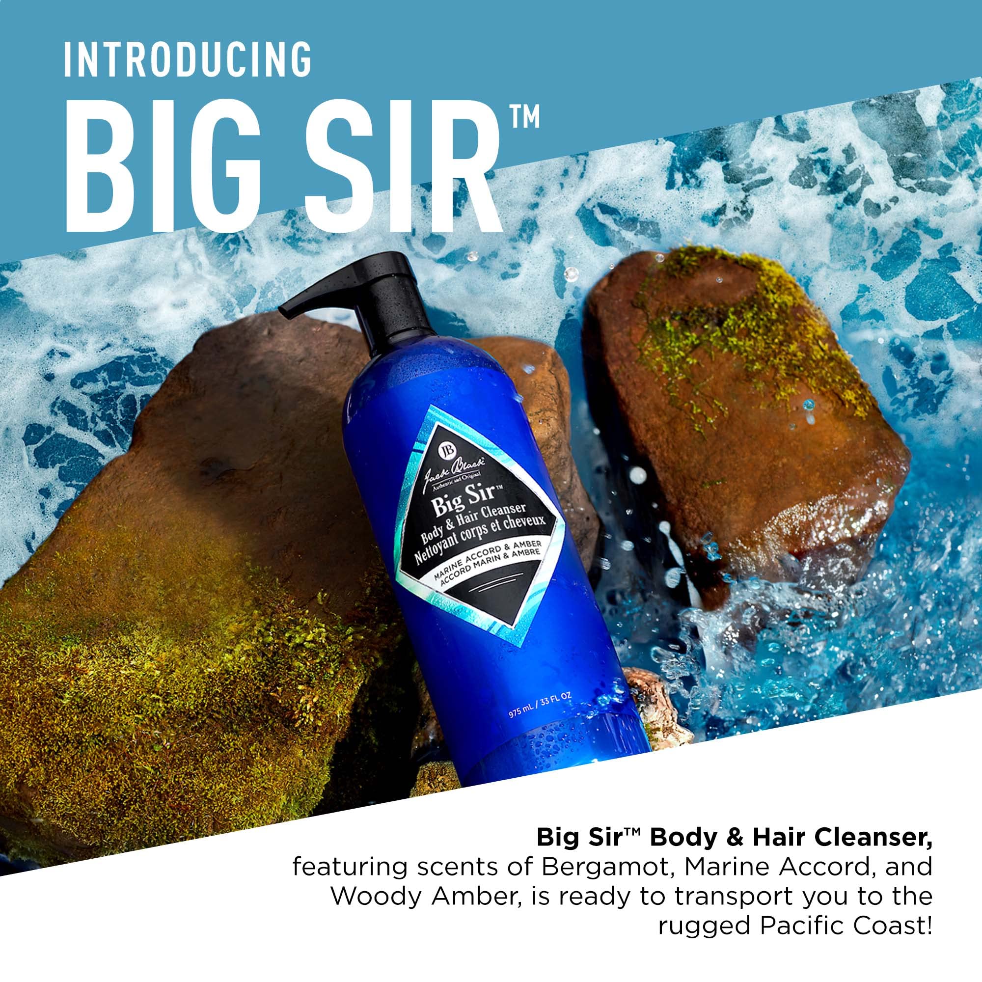 Jack Black Big Sir hair cleanser application cleanses scalp and hair with marine notes