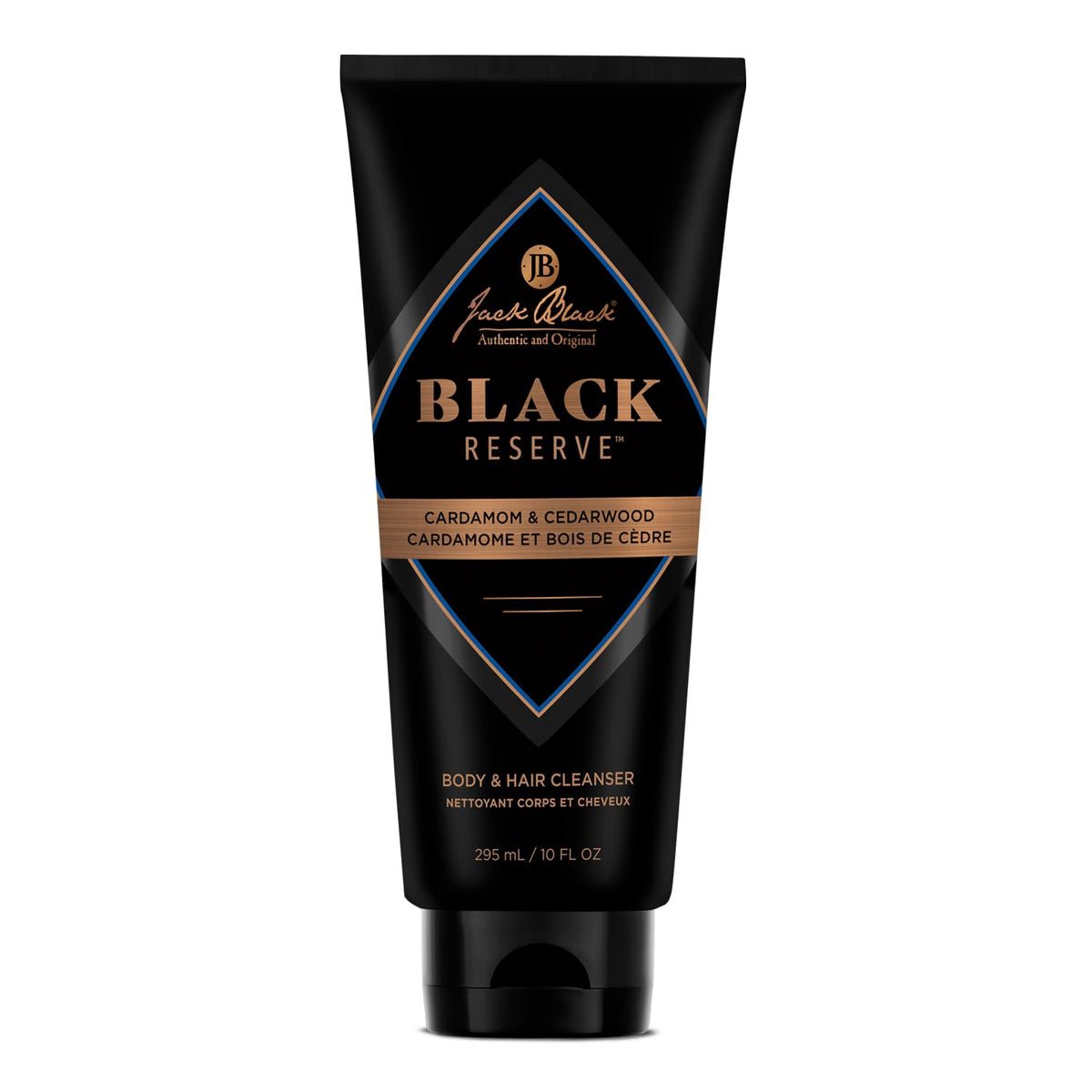 Jack Black Black Reserve bottle closeup shows dual-action cleansing for skin and hair