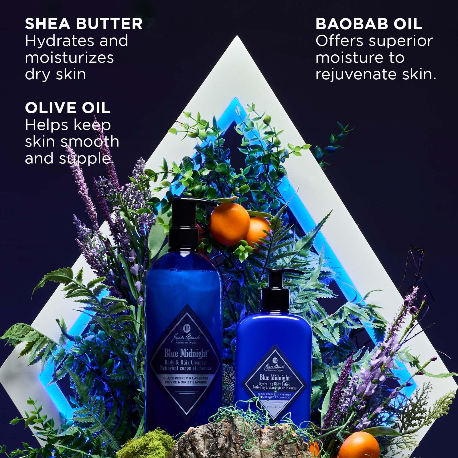 Jack Black Blue Midnight black-pepper detail hints invigorating shower energy.