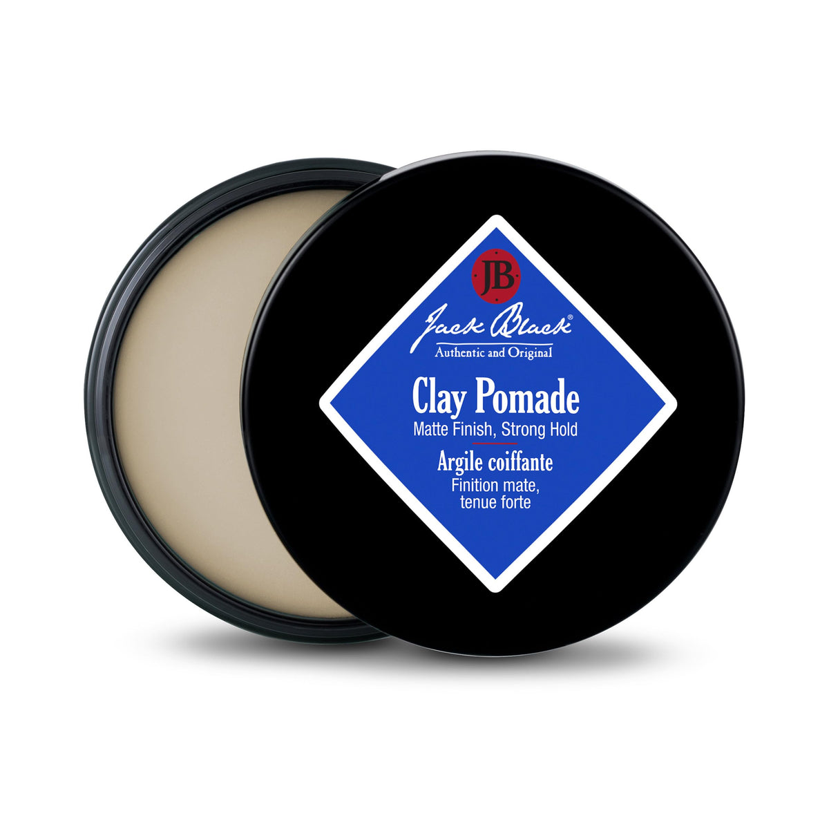 Jack Black Clay Pomade jar close-up highlighting natural hold and texture benefits.