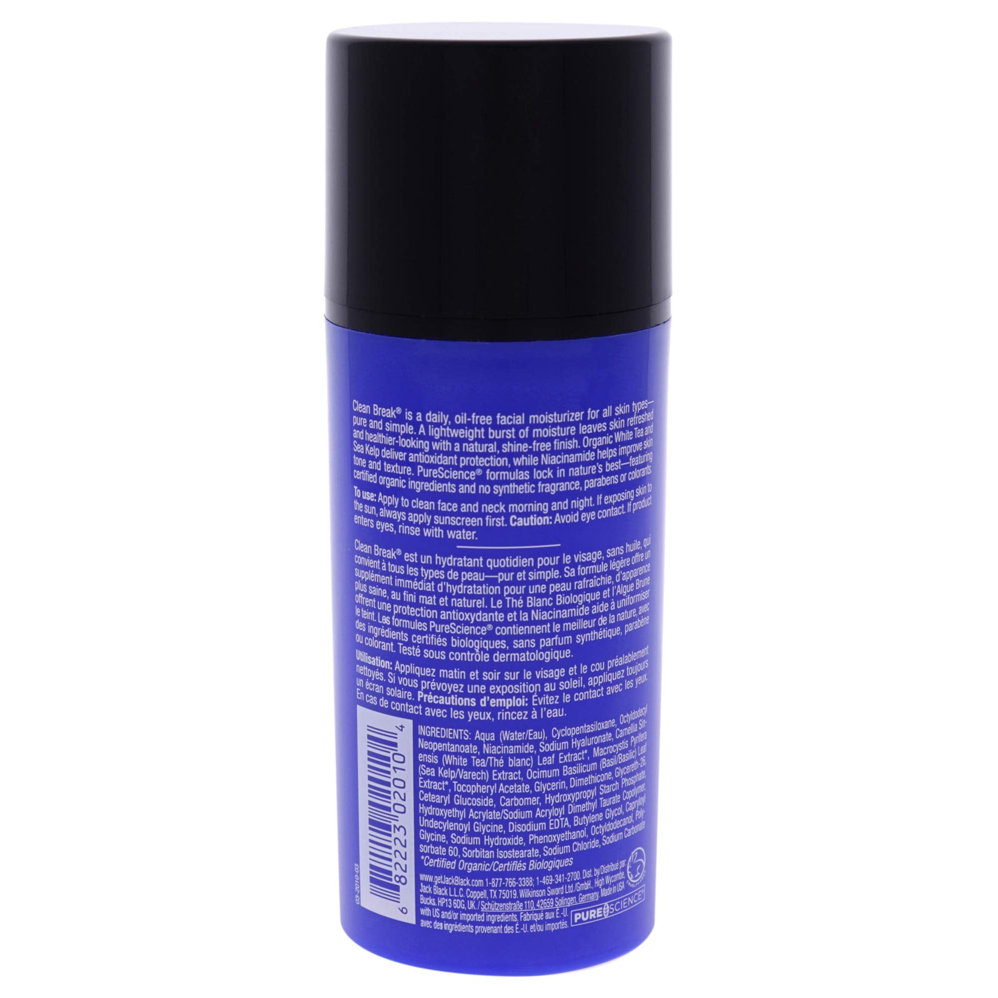 Jack Black Clean Break packaging close-up highlighting oil-free, fragrance-free formula.