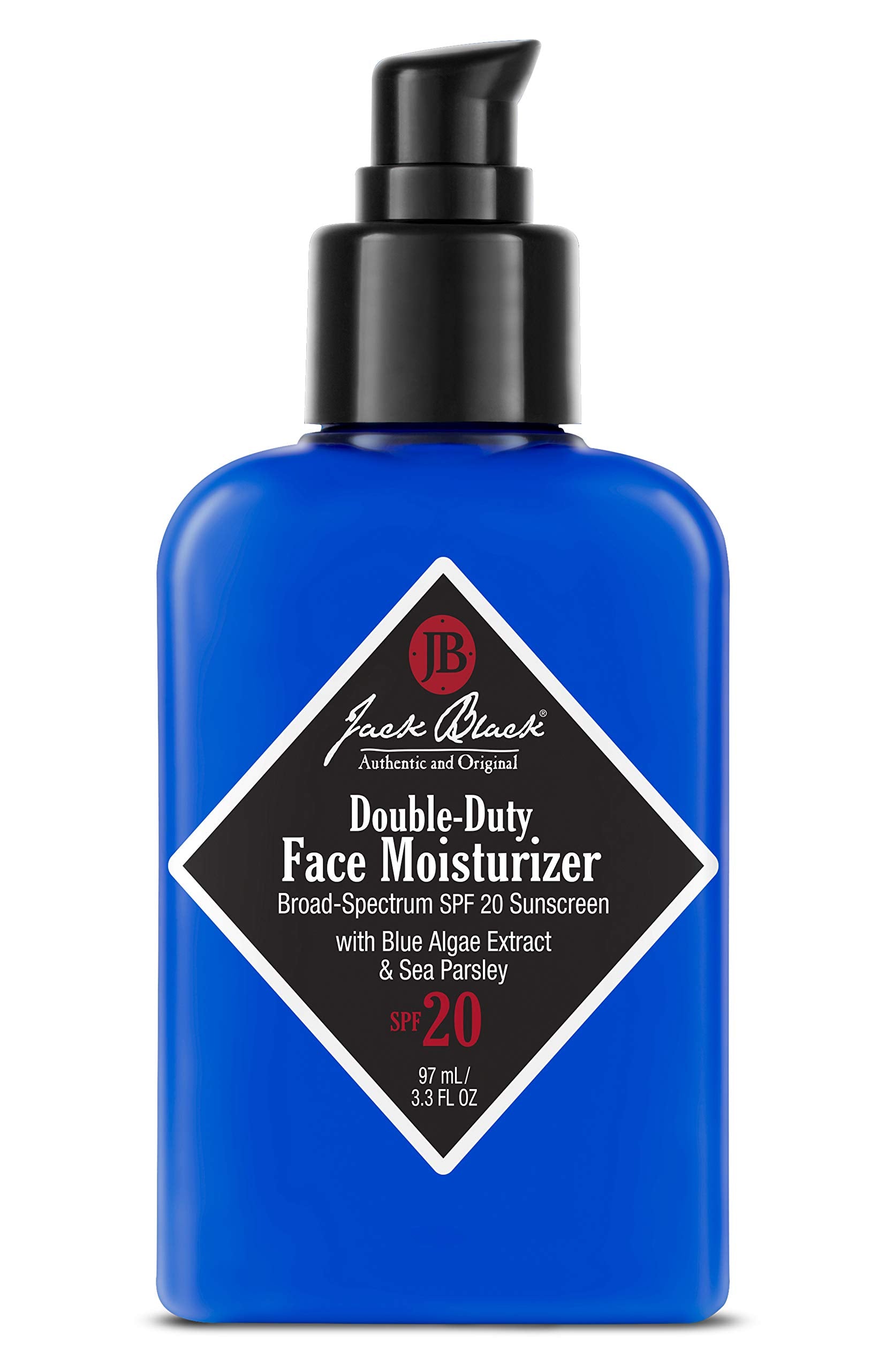 Jack Black Double-Duty bottle front showing SPF 20 hydration for daily use
