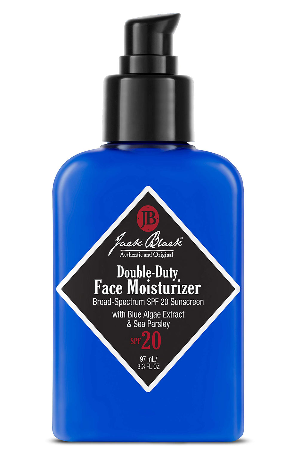 Jack Black Double-Duty bottle front showing SPF 20 hydration for daily use