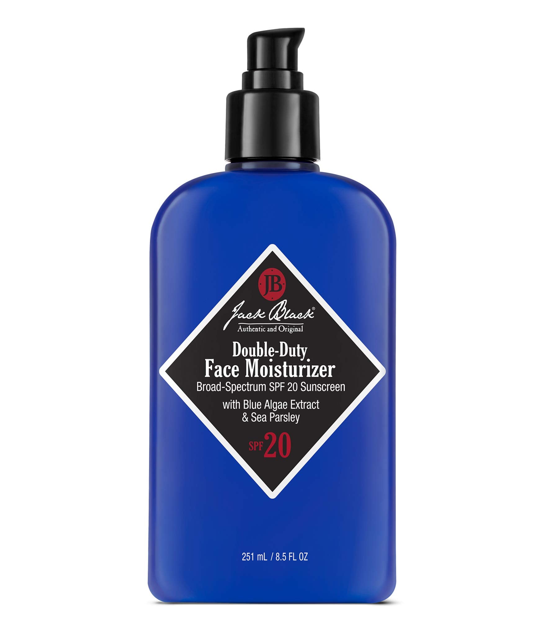Jack Black Double-Duty Face Moisturizer bottle with pump delivers daily SPF 20 protection.