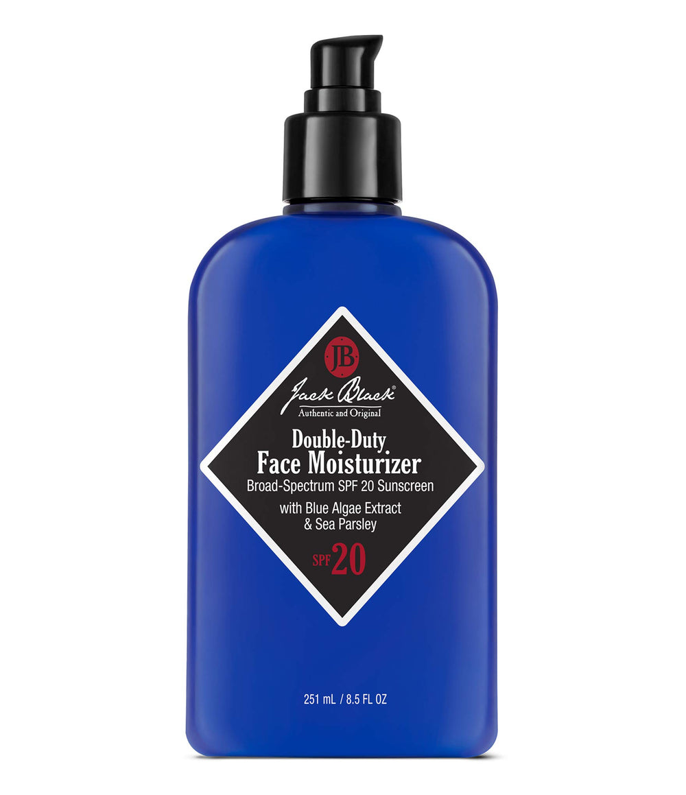 Jack Black Double-Duty Face Moisturizer bottle with pump delivers daily SPF 20 protection.