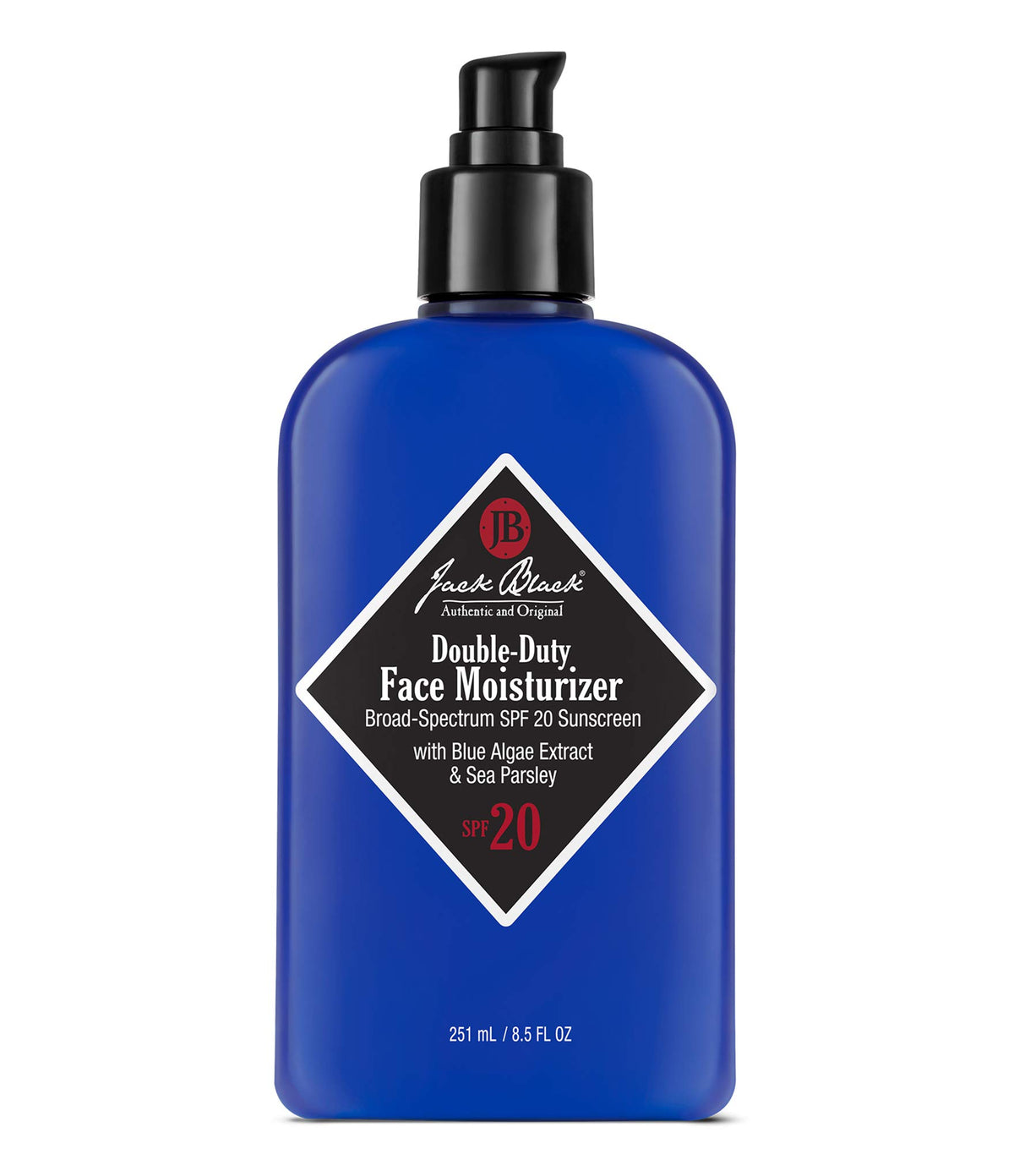 Jack Black Double-Duty Face Moisturizer bottle with pump delivers daily SPF 20 protection.