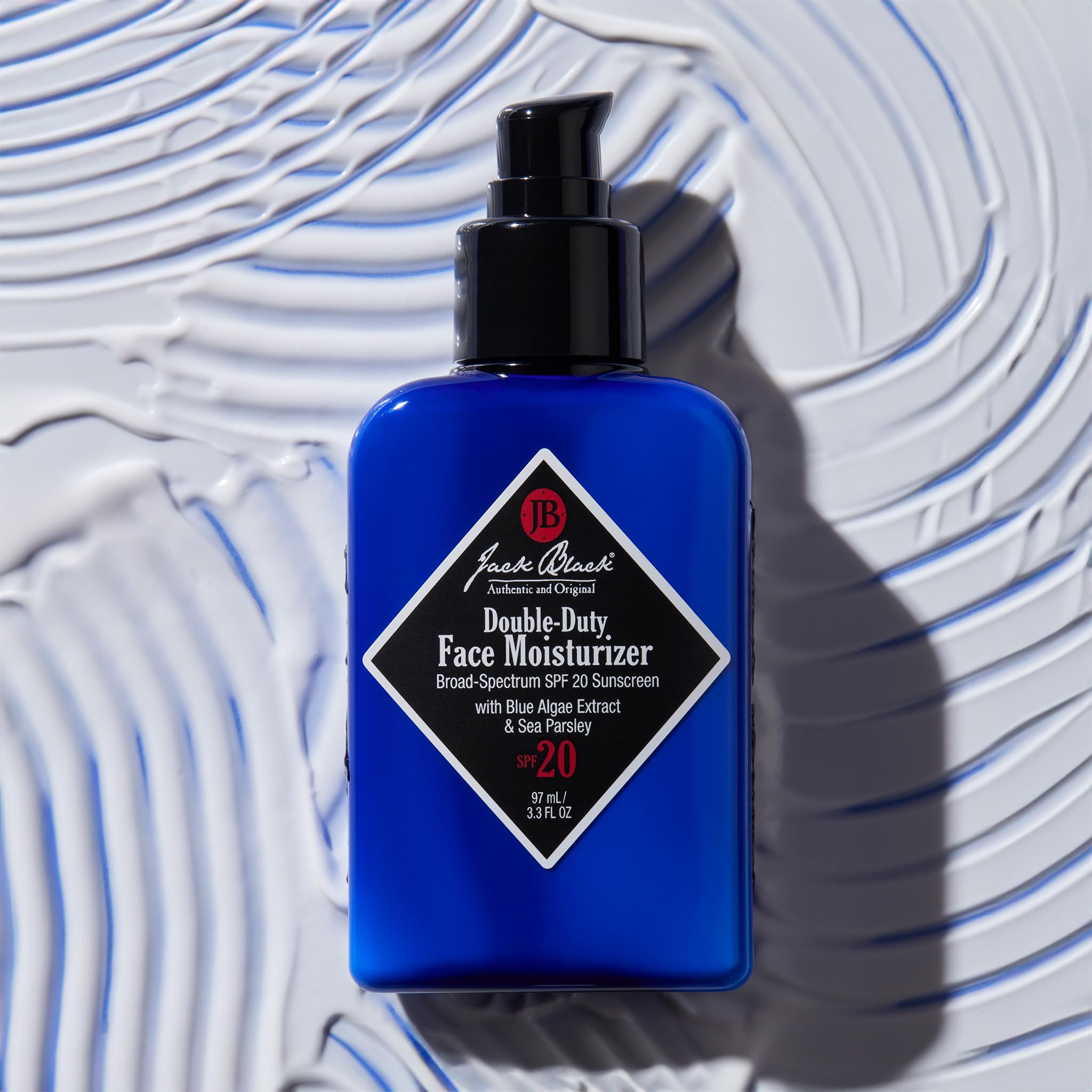 Packaging display featuring Jack Black Double-Duty Face Moisturizer for everyday use.