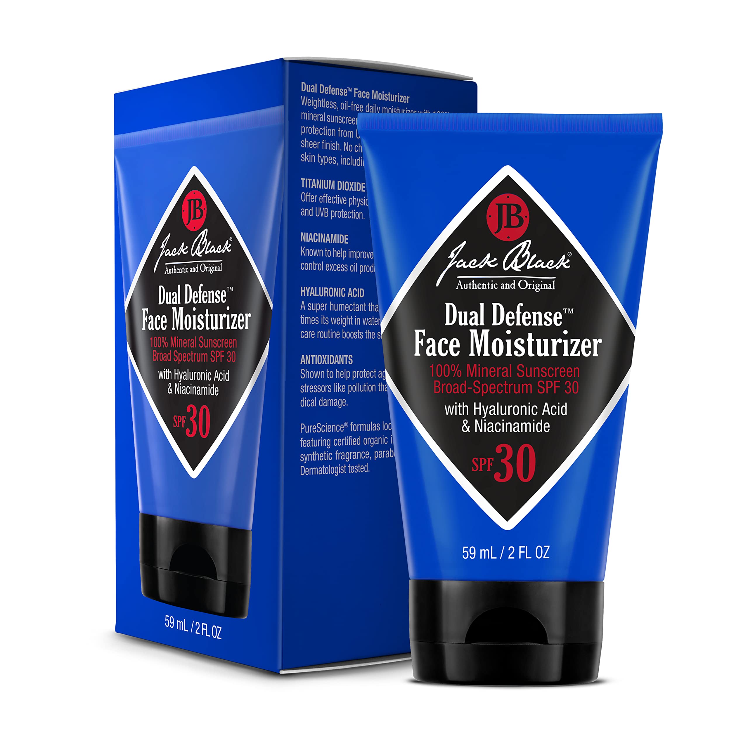 Jack Black Dual Defense Face Moisturizer SPF 30 with a transparent finish for a natural look.