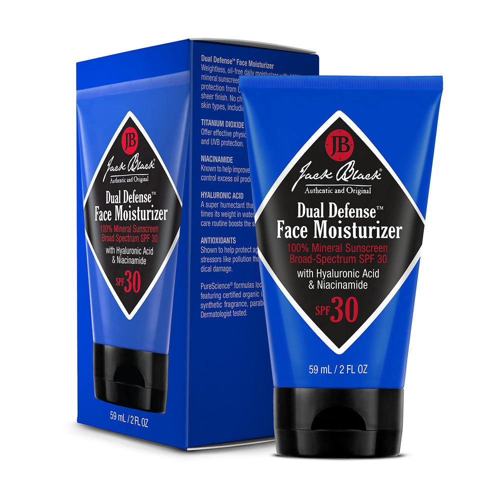 Jack Black Dual Defense Face Moisturizer SPF 30 with a transparent finish for a natural look.