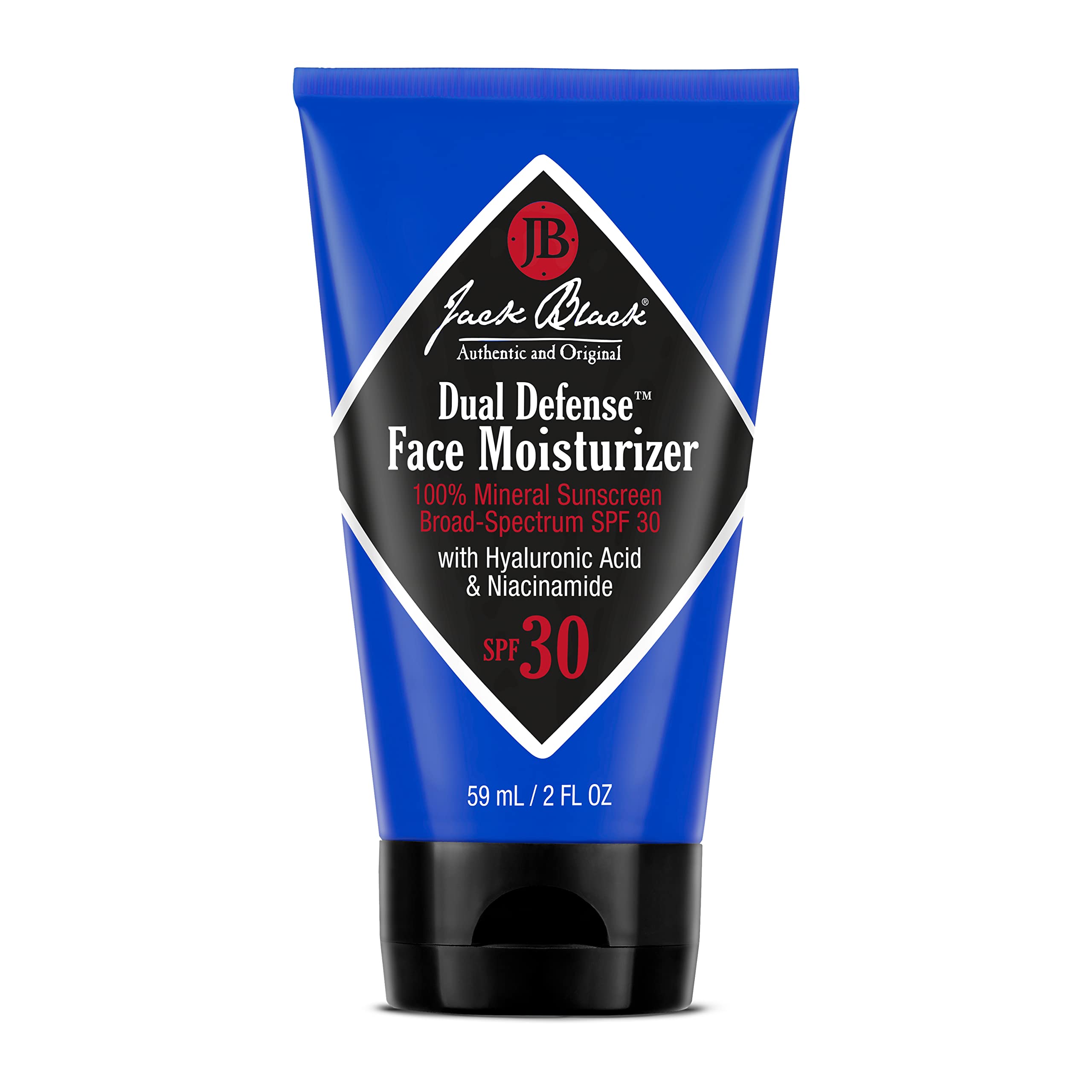 Jack Black Dual Defense Face Moisturizer SPF 30 tube close-up for lightweight hydration and protection.