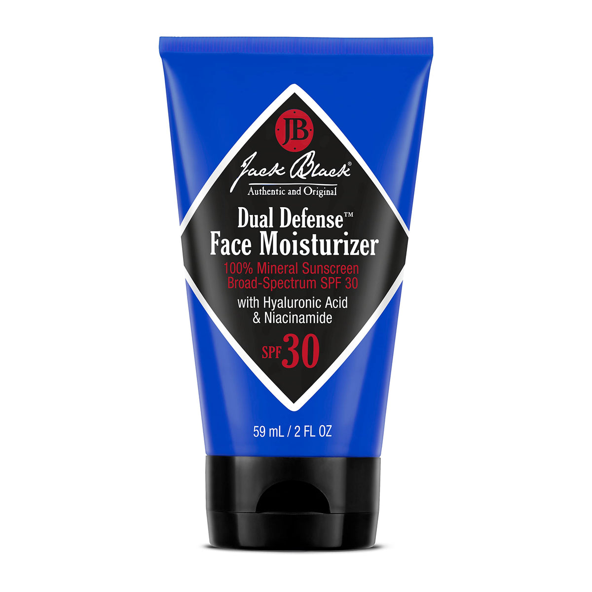 Jack Black Dual Defense Face Moisturizer SPF 30 tube close-up for lightweight hydration and protection.