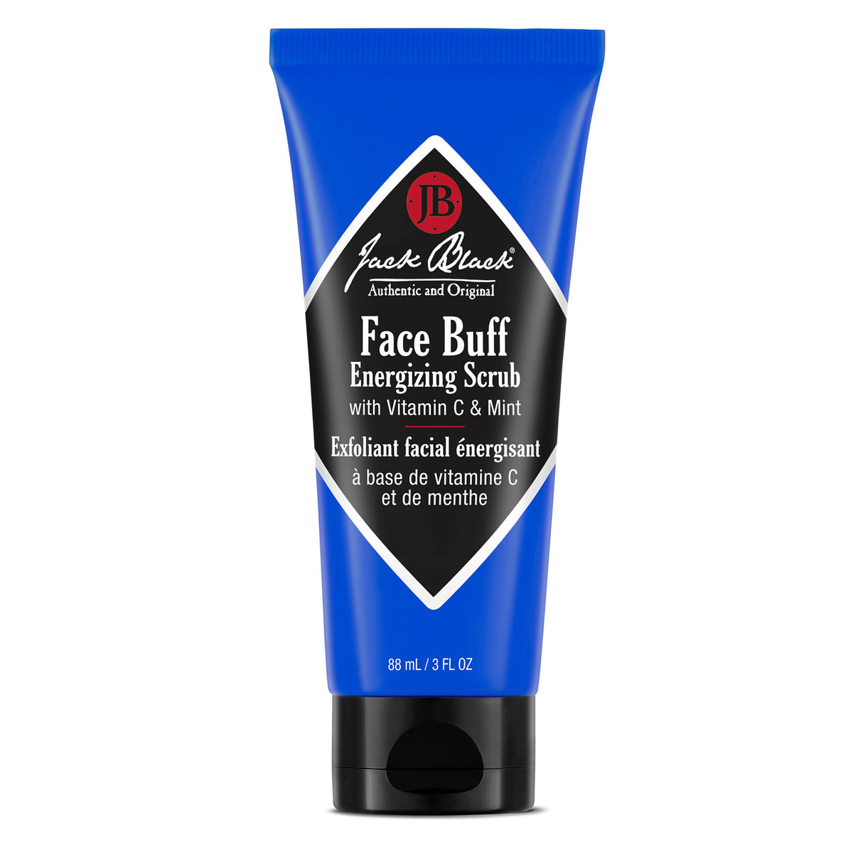 Jack Black Face Buff Energizing Scrub jar, smooth pre-shave prep for clearer pores.