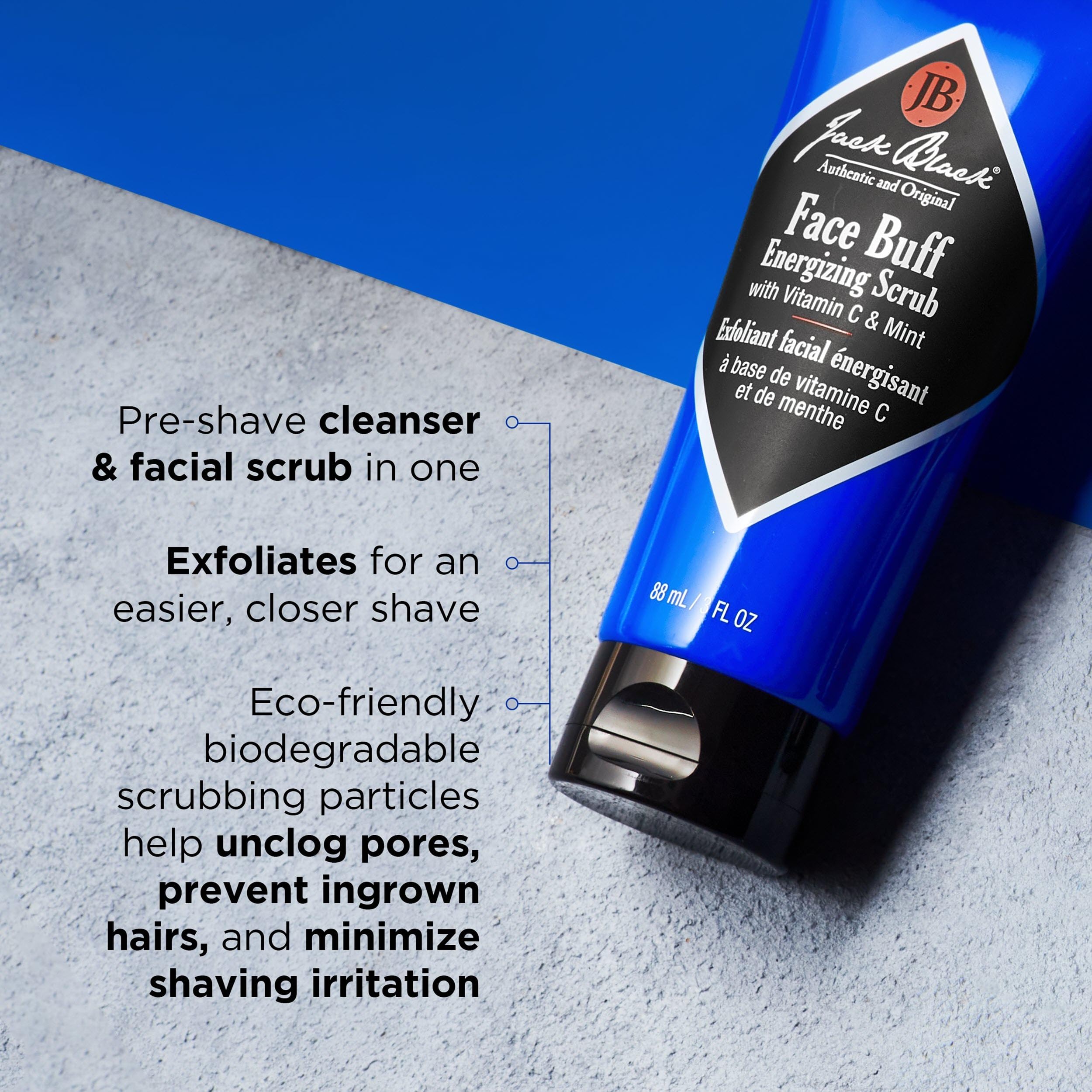 Jack Black Face Buff Energizing Scrub close-up of natural ingredients like peppermint and vitamin C.