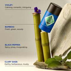 Jack Black JackZen notes bamboo and violet mid-notes highlighted in fragrance visuals