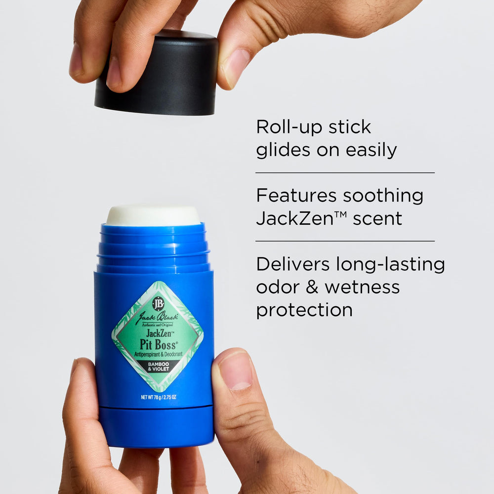 Jack Black JackZen Pit Boss packaging displayed beside bathroom essentials for daily protection