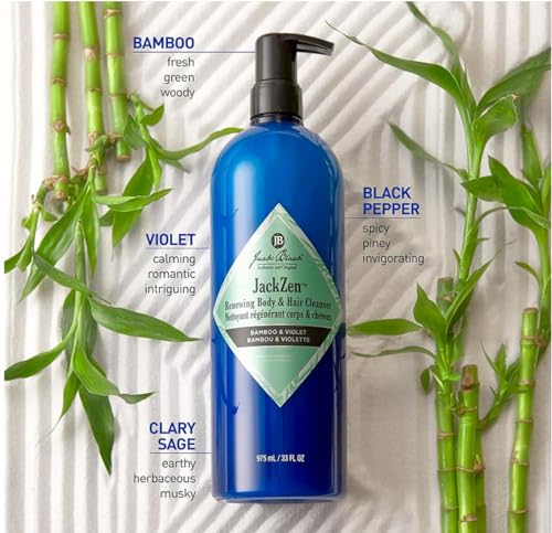 Jack Black JackZen Renewing Body Cleanser fragrance closeup highlights bamboo violet notes for relaxation