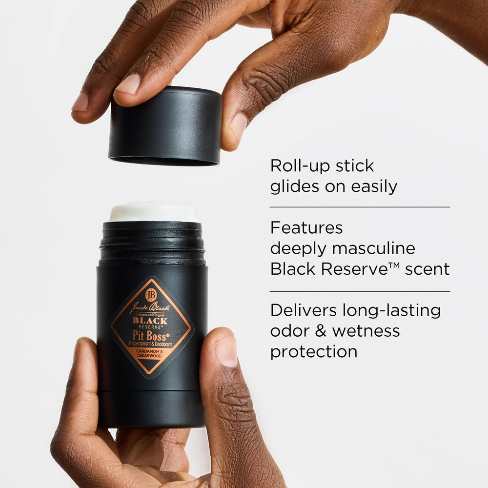 Jack Black Pit Boss packaging highlights 2.75 oz solid stick and portable design