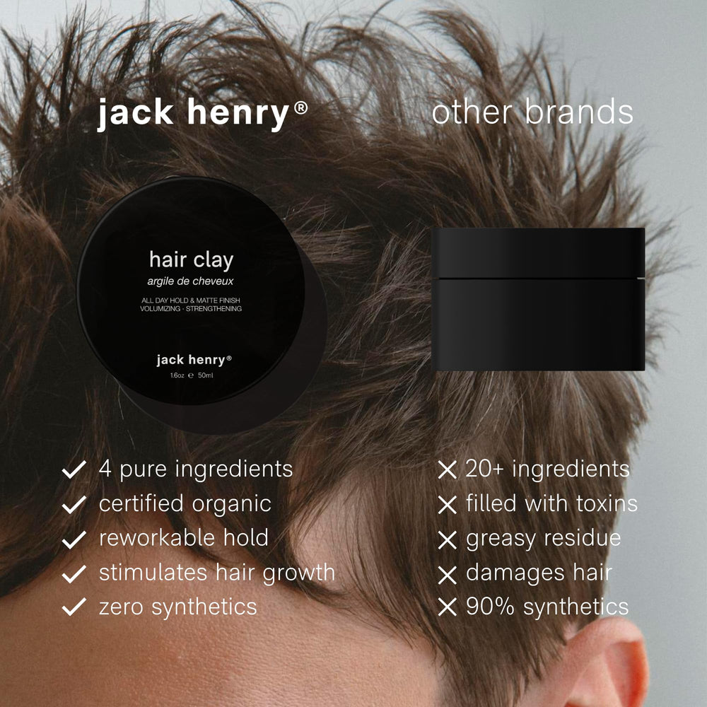 Jack Henry Premium Hair Clay bentonite-clay provides texture and grip for stylish shapes.