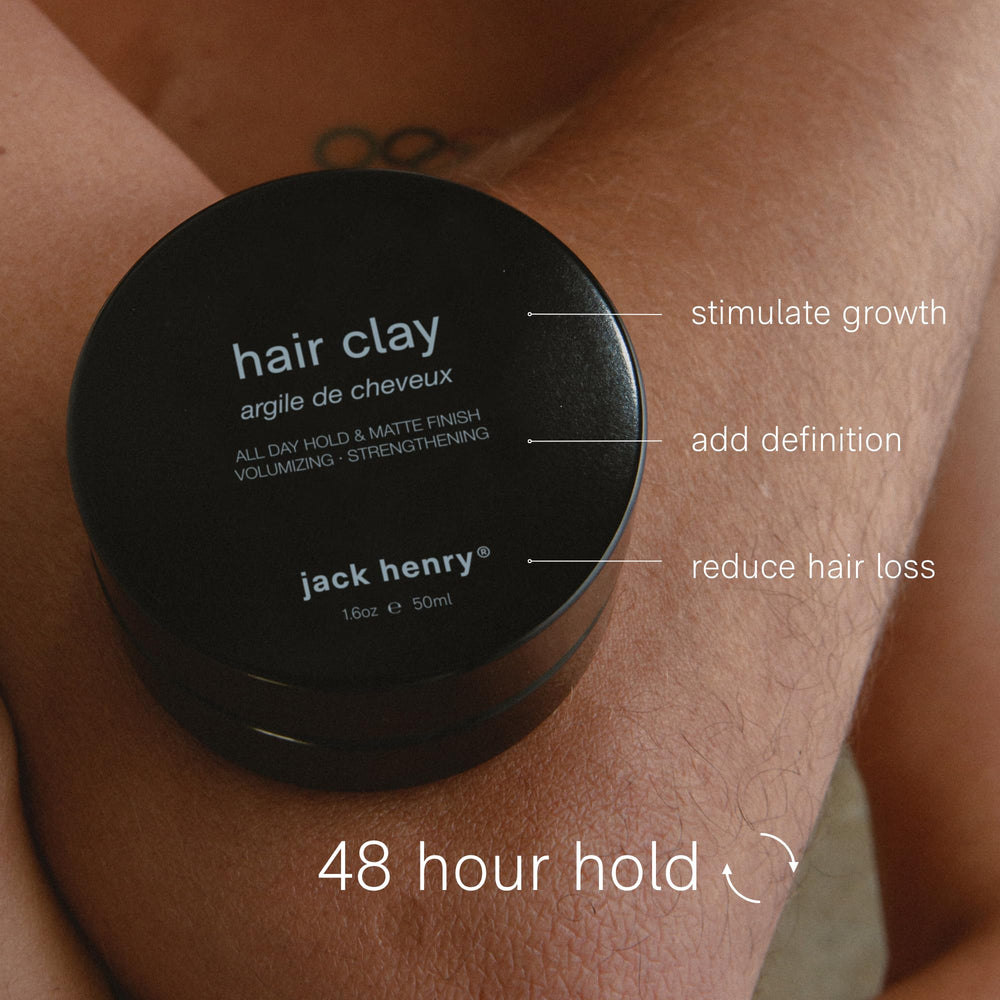 Jack Henry Premium Hair Clay packaging-california emphasizes organic, sustainably sourced ingredients.