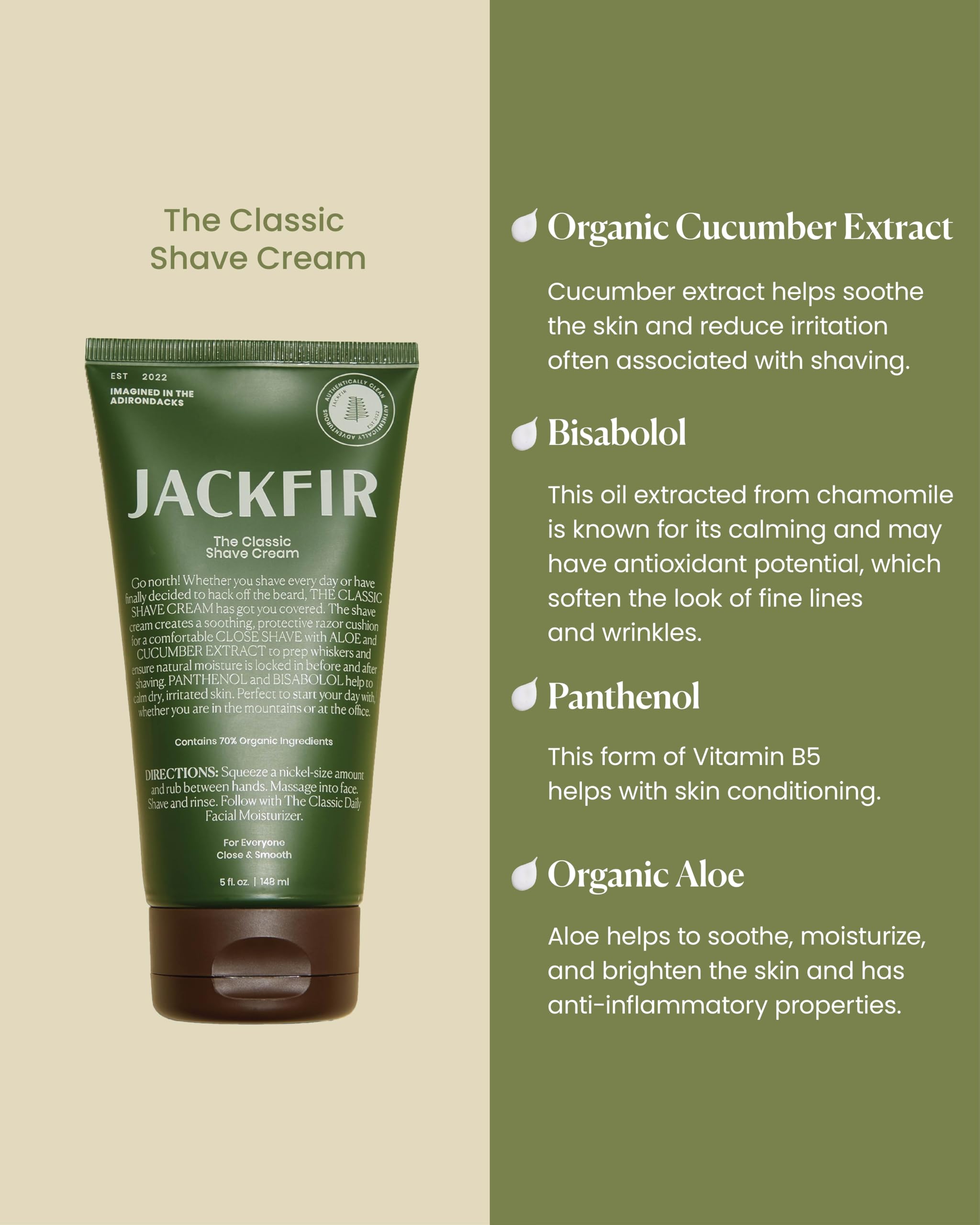 Jackfir Classic Shave Cream creamy-lather close-up showcases hydrating aloe and cucumber.