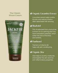 Jackfir Classic Shave Cream creamy-lather close-up showcases hydrating aloe and cucumber.
