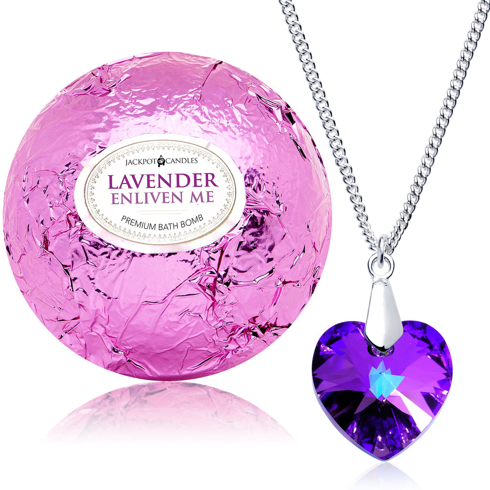 Jackpot Candles Enliven Me Lavender Bath Bomb inner necklace reveal offers a surprise keepsake.