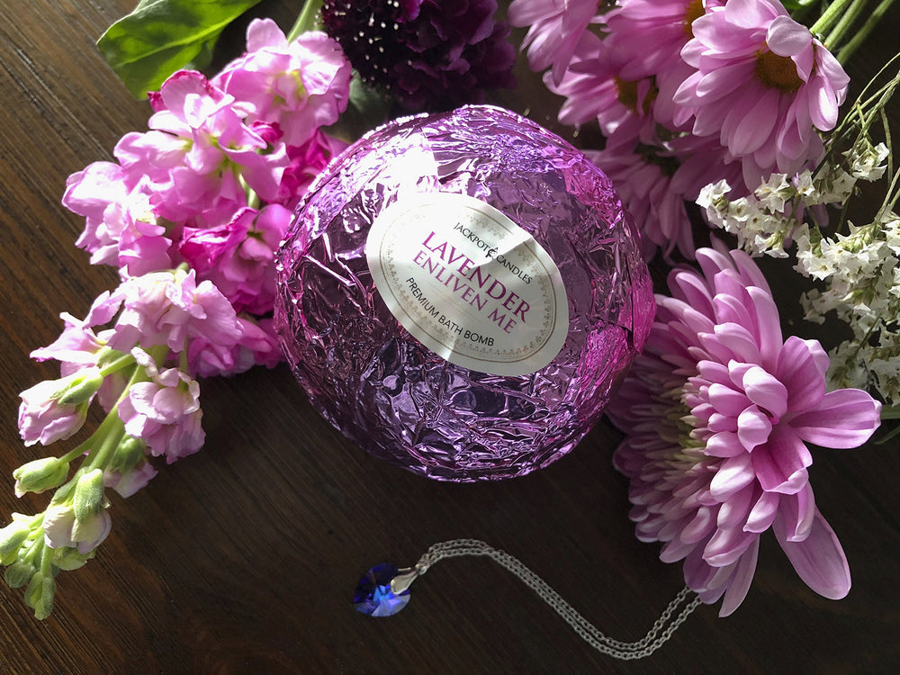 Jackpot Candles Enliven Me Lavender Bath Bomb packaging box emphasizes USA-made craftsmanship.