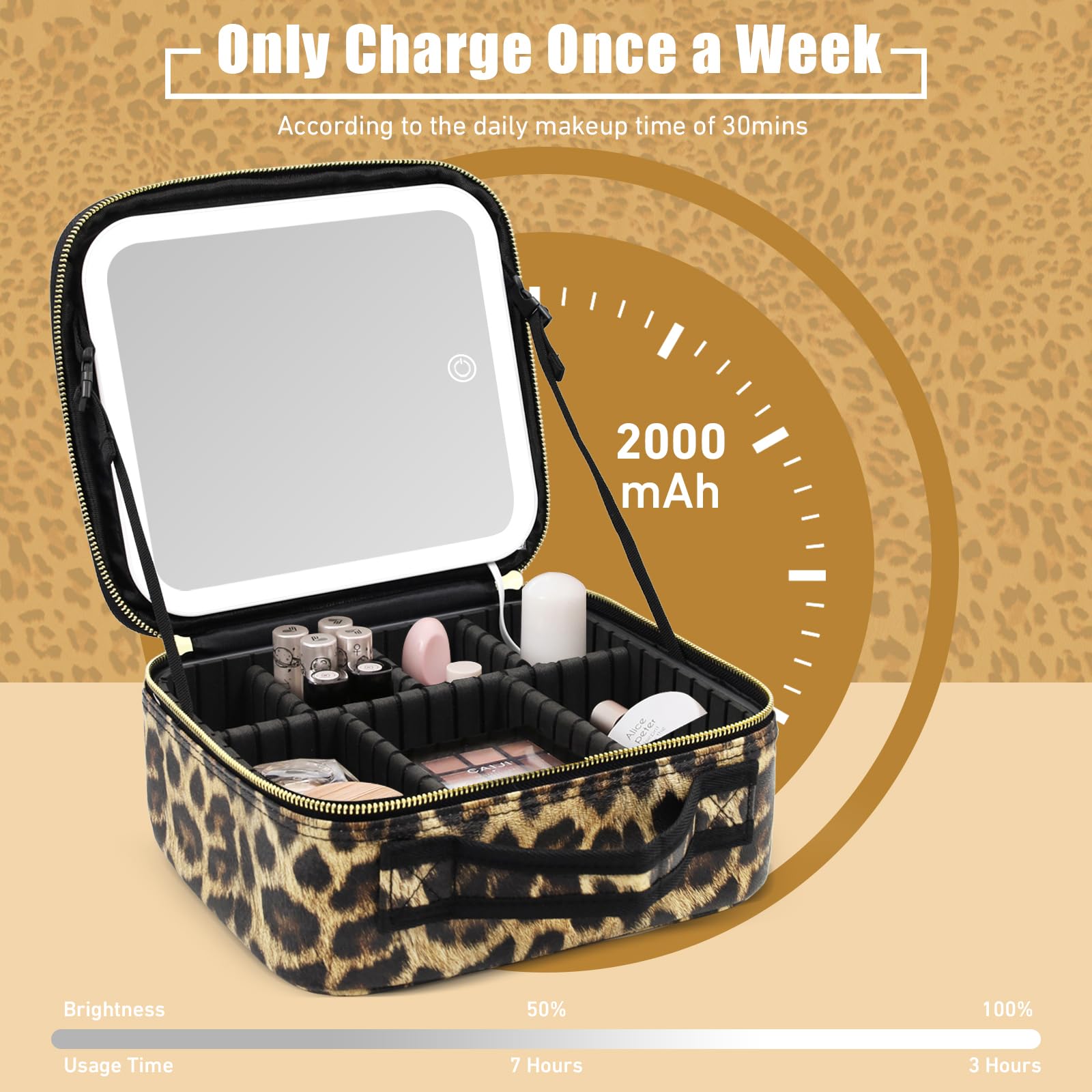 Jadazror partitioned storage keeps cosmetics neatly arranged during trips.