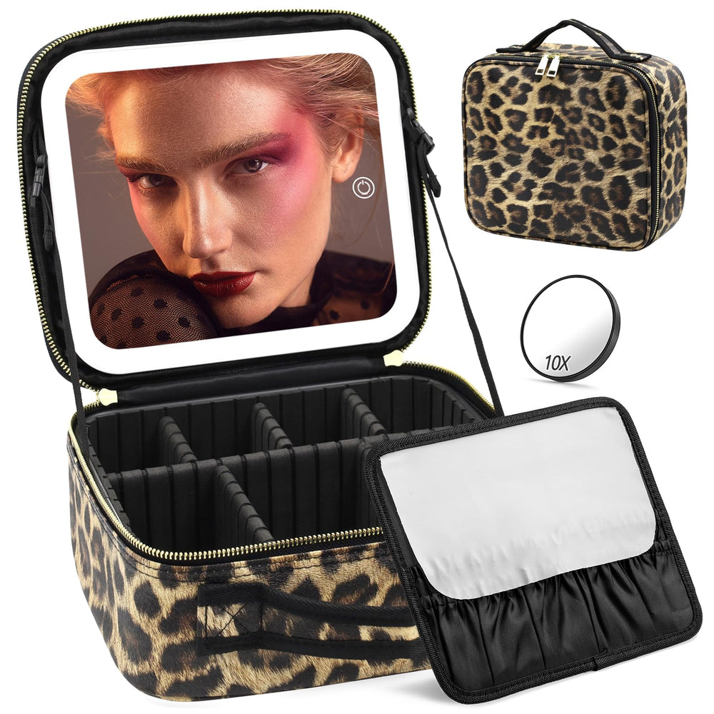 Jadazror makeup bag with light up mirror showcases leopard exterior for stylish travel organizing.