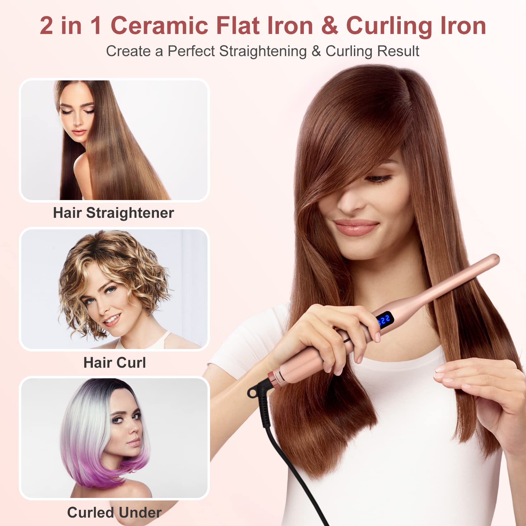 JAETON pencil straightener demonstrates 2-in-1 straightening and curling capability.