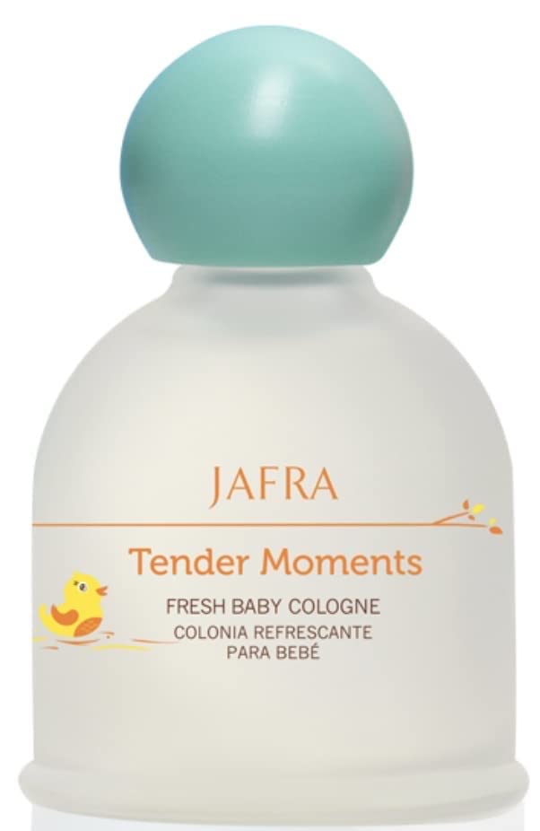 Jafra Tender Moments application—soft spray for calming baby fragrance ritual.
