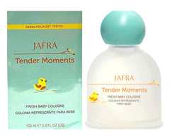 JAFRA Tender Moments Fresh Baby Cologne bottle back highlights mild, skin-friendly formula.