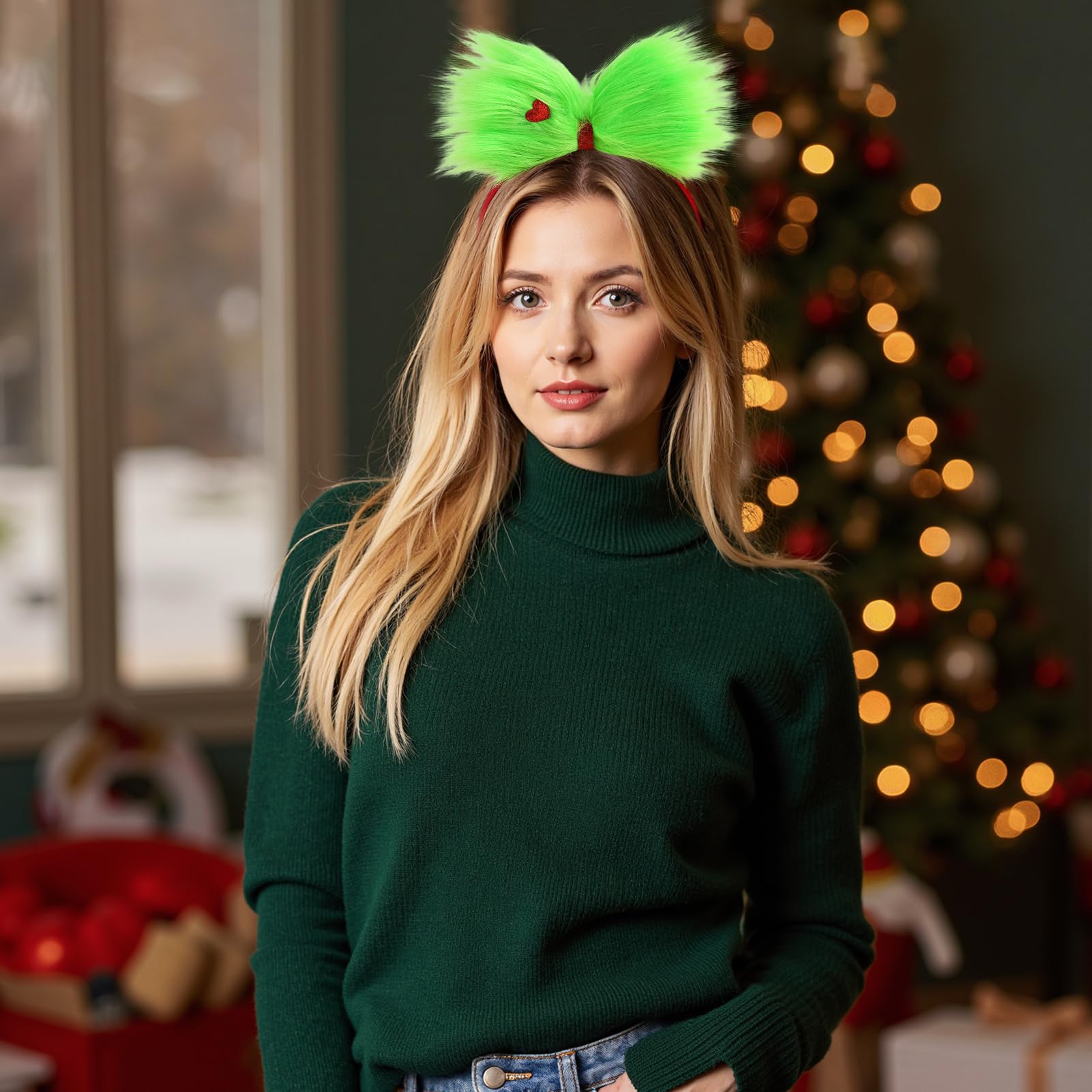 JiaDuo green monster bow worn on model for festive styling