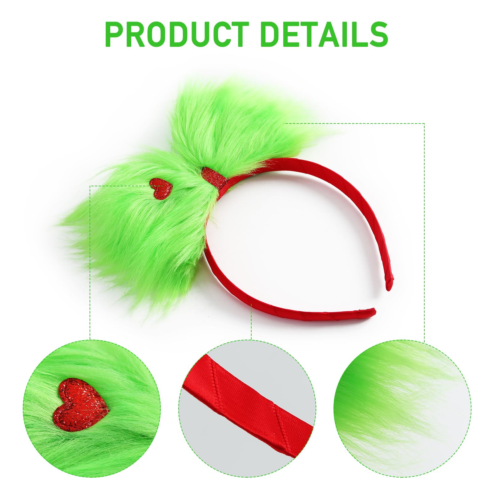 JiaDuo large green furry bow headband with red heart detail, cute party-ready look
