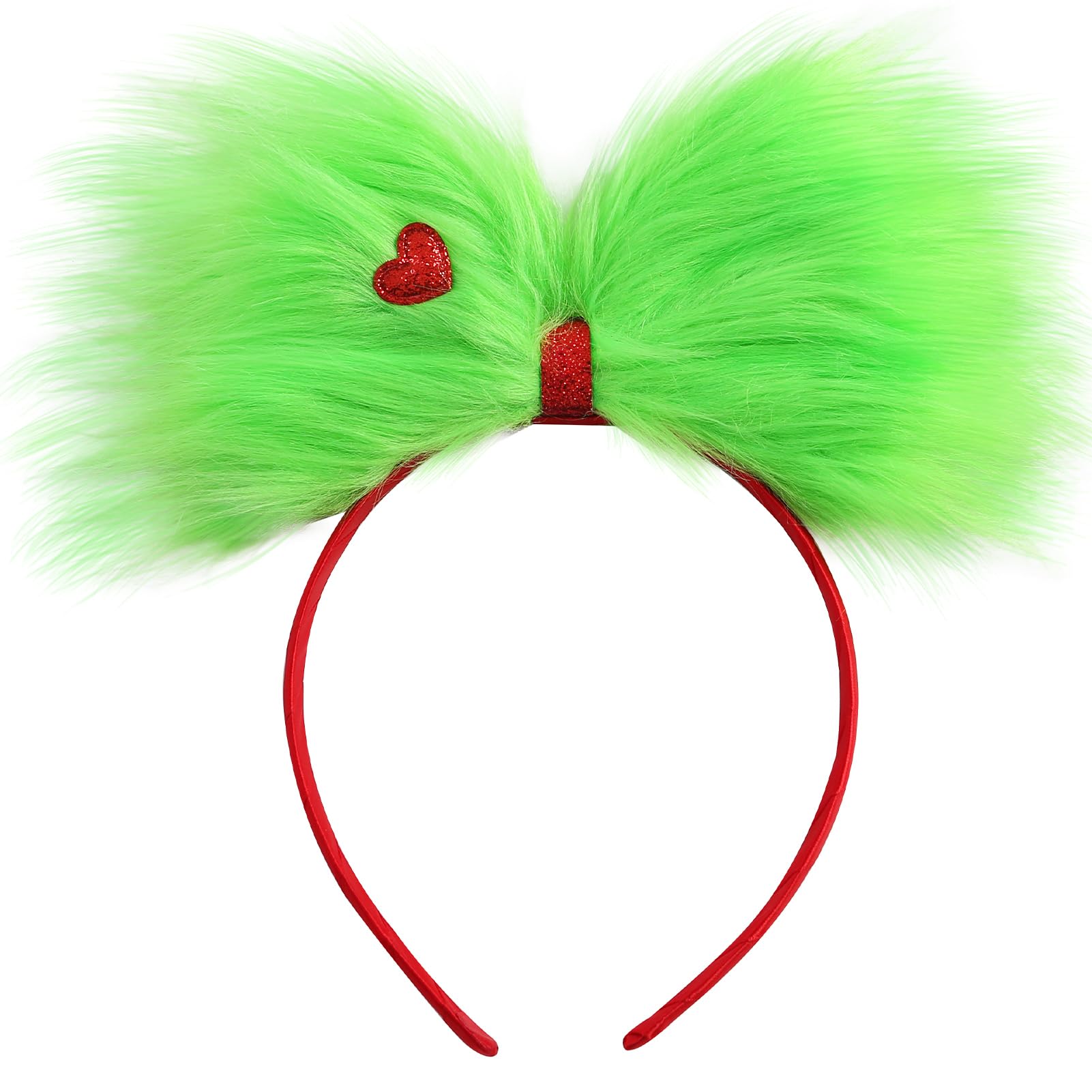 JiaDuo large green furry bow headband front view for festive, standout Christmas style