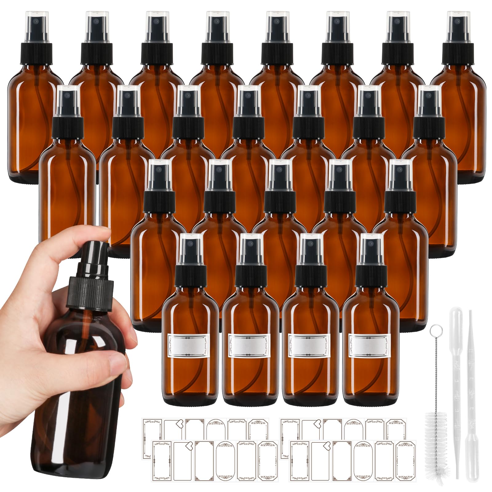 Jaisie.W amber glass spray bottle front view shows portable 4 oz size for travel convenience