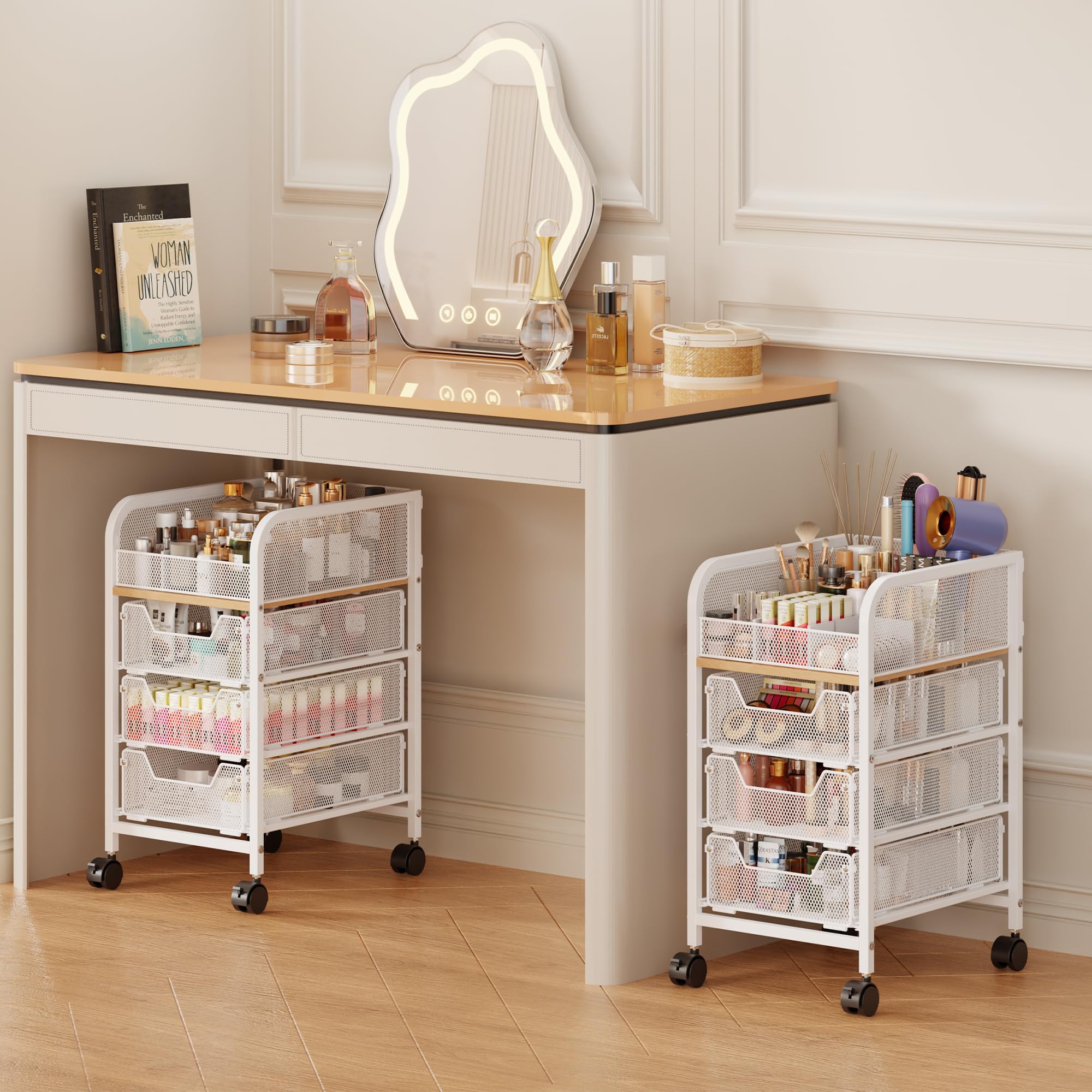 Jakyitvi rolling makeup cart with 3 drawers for easy under-vanity storage.
