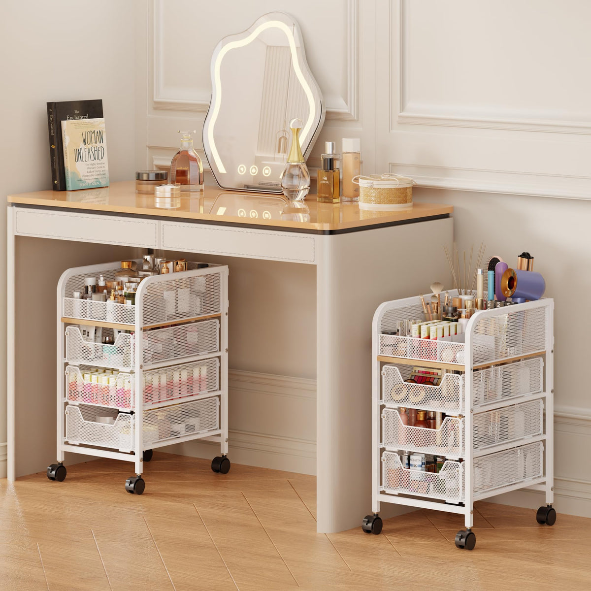 Jakyitvi rolling makeup cart with 3 drawers for easy under-vanity storage.