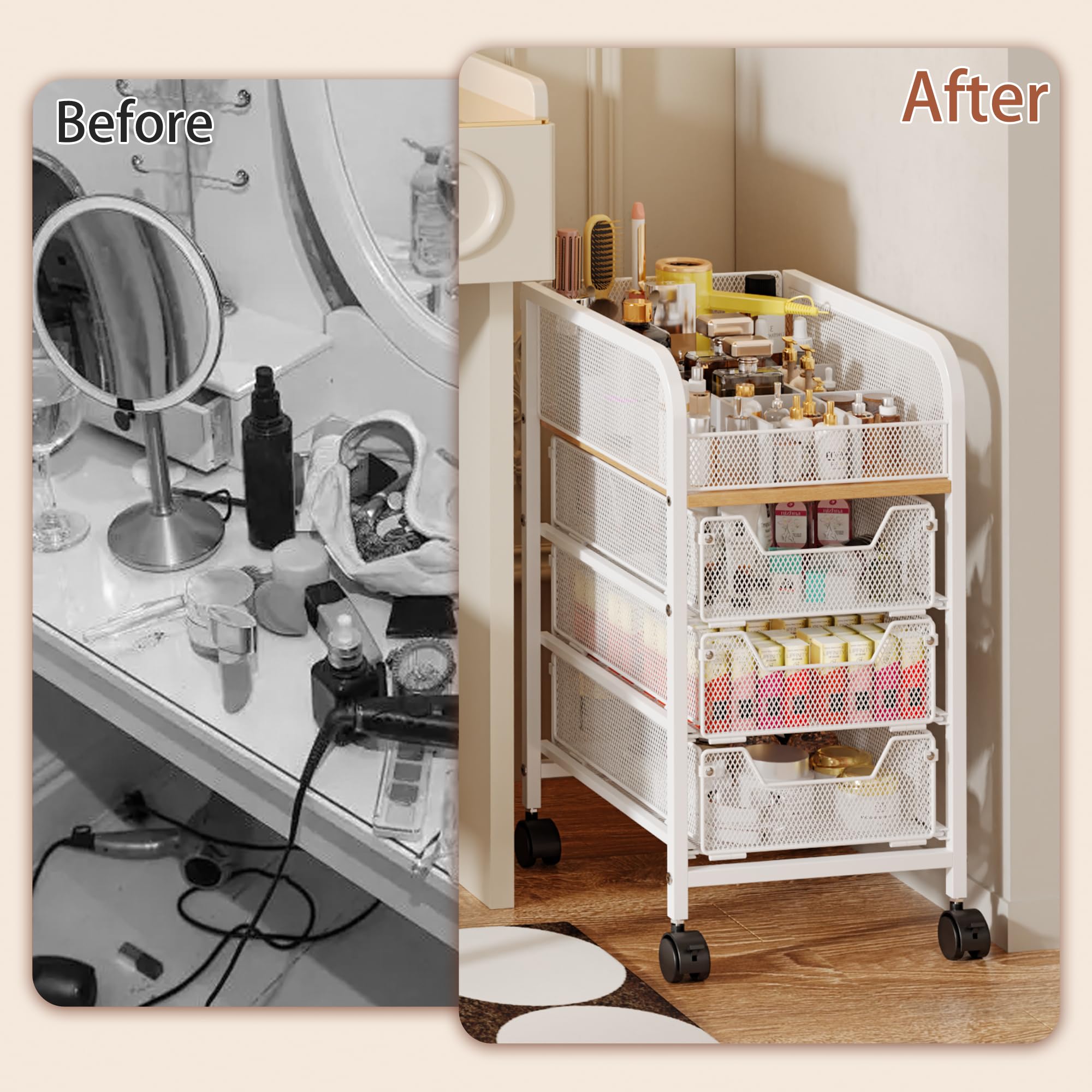 Jakyitvi under-vanity storage cart rolls smoothly for versatile use.
