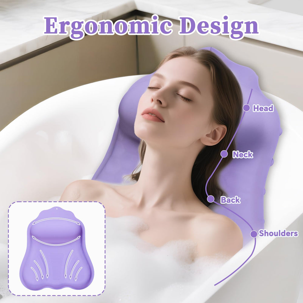 Jalopink bath pillow head support shown on tub surface for relaxing soak.