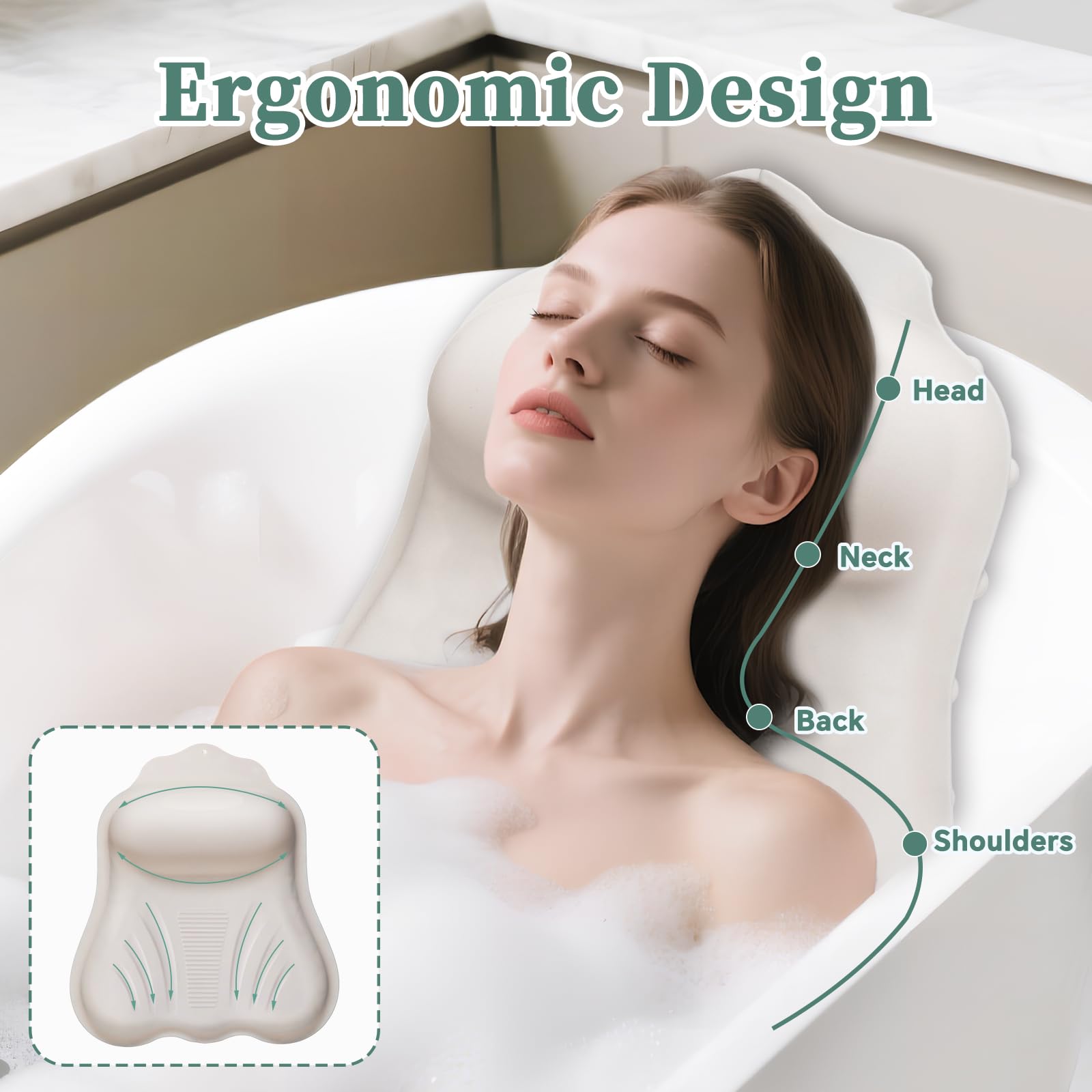 Jalopink bath pillow with non-slip suction cups ensuring stable tub placement.