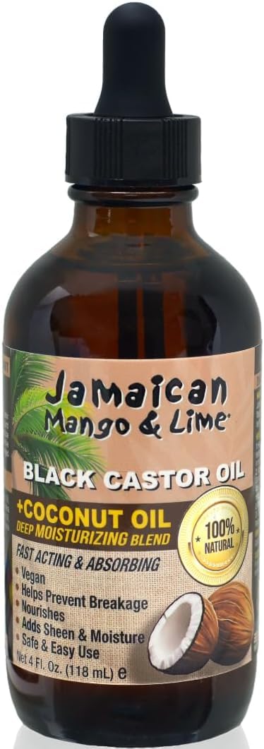 Jamaican Mango & Lime Black Castor Oil bottle close-up for scalp hydration.