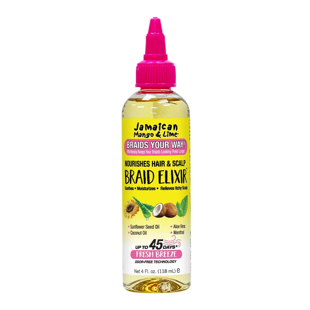 Jamaican Mango & Lime Braids Your Way Elixir bottle pour provides quick, lightweight hydration for protective styles.