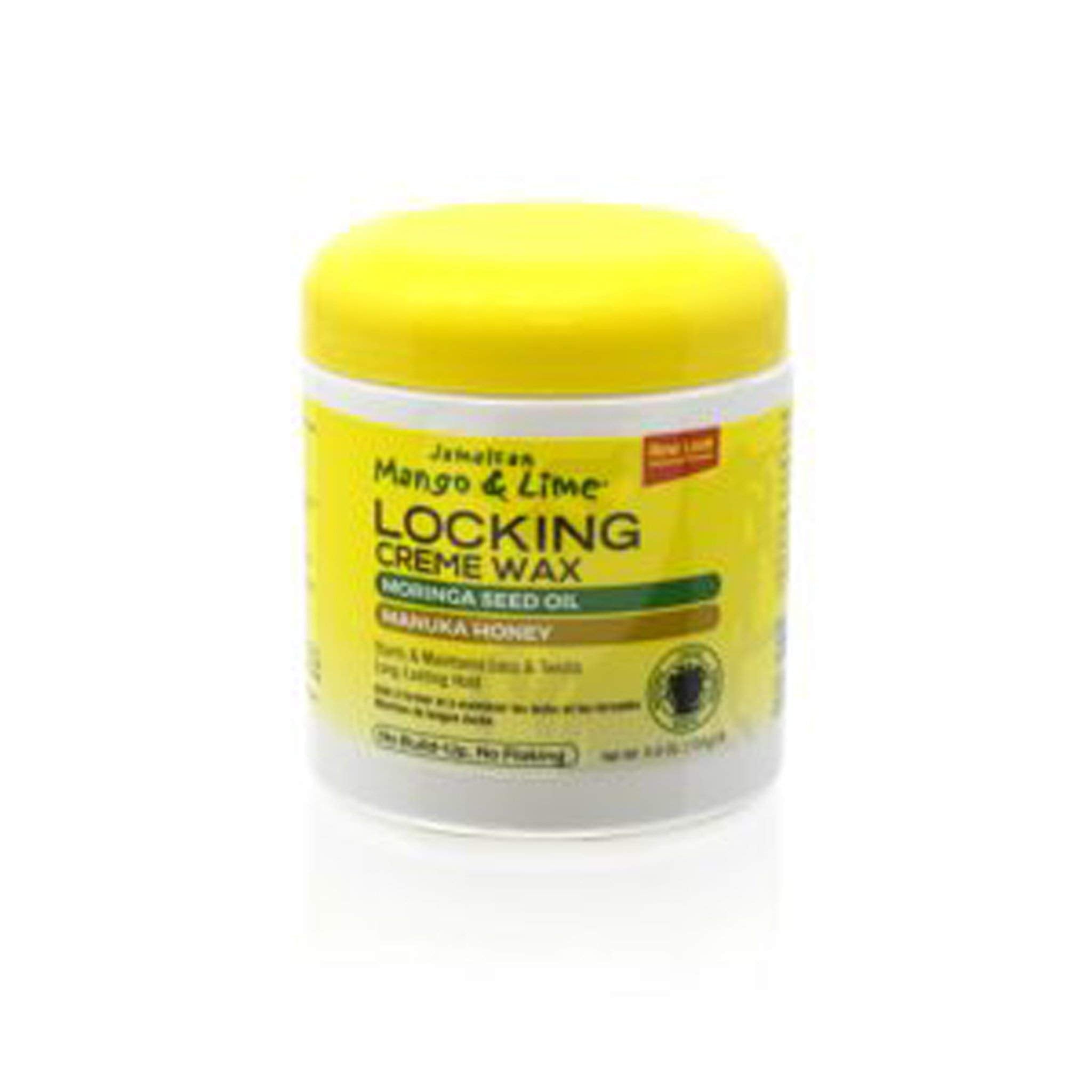Jamaican Mango & Lime Locking Creme Wax Mango bottle closeup offering gentle, non-greasy hold for locs